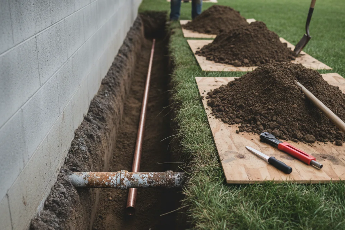 Excavated water line trench during Water Softener Installation in Miller City